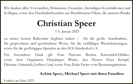 Todesanzeige von Christian Speer von SYK