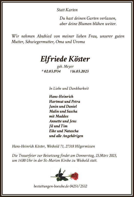 Todesanzeige von Elfriede Köster von SYK