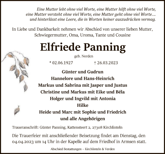 Todesanzeige von Elfriede Panning von SYK