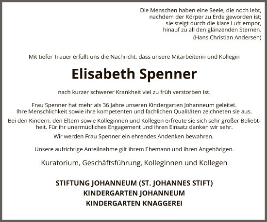 Todesanzeige von Elisabeth Spenner von SYK