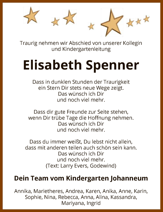 Todesanzeige von Elisabeth Spenner von SYK