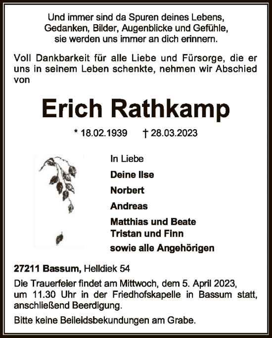 Todesanzeige von Erich Rathkamp von SYK