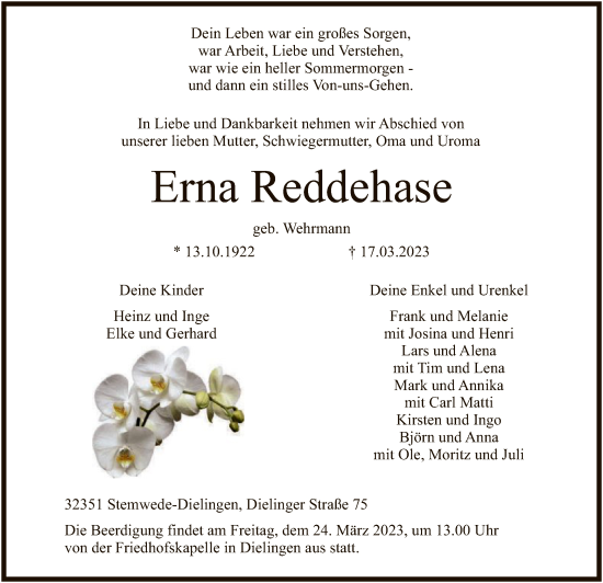 Todesanzeige von Erna Reddehase von SYK