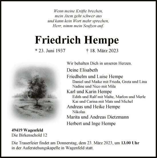 Todesanzeige von Friedrich Hempe von SYK