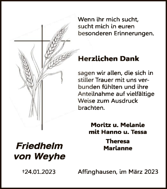 Todesanzeige von Friehhelm von Weyhe von SYK