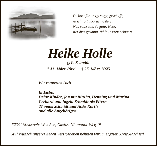 Todesanzeige von Heike Holle von SYK