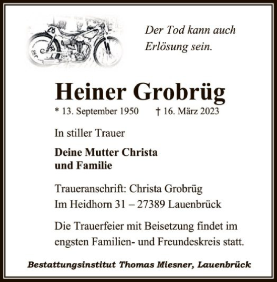 Todesanzeige von Heiner Grobrüg von SYK