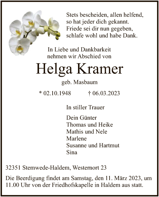 Todesanzeige von Helga Kramer von SYK