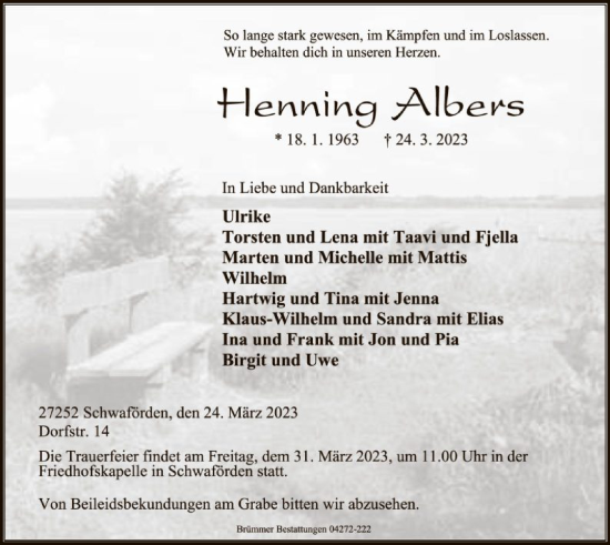 Todesanzeige von Henning Albers von SYK