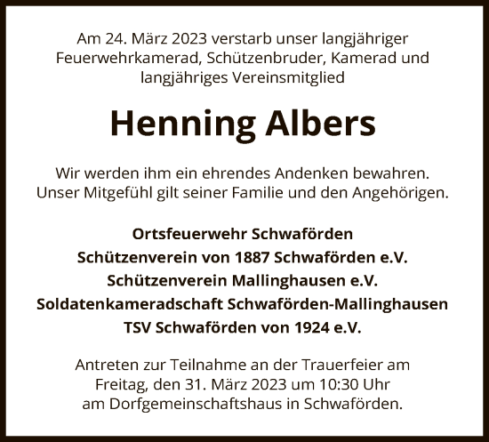 Todesanzeige von Henning Albers von SYK