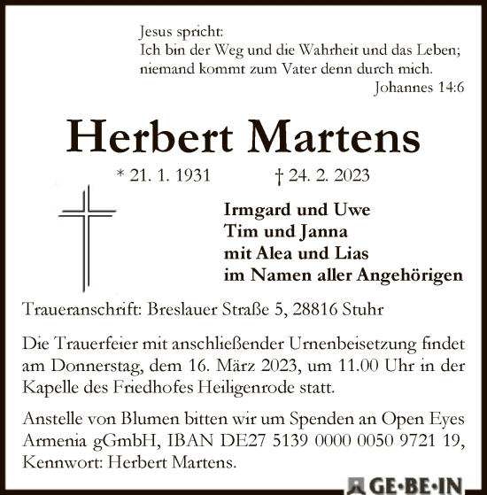 Todesanzeige von Herbert Martens von SYK