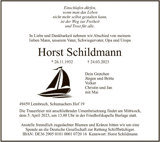 Todesanzeige von Horst Schildmann von SYK
