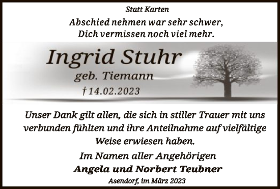 Todesanzeige von Ingrid Stuhr von SYK