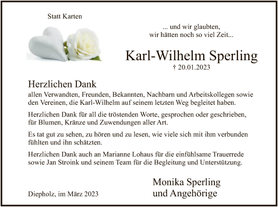 Todesanzeige von Karl-Wilhelm Sperling von SYK
