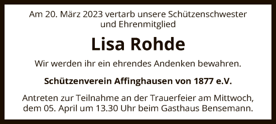 Todesanzeige von Lisa Rohde von SYK