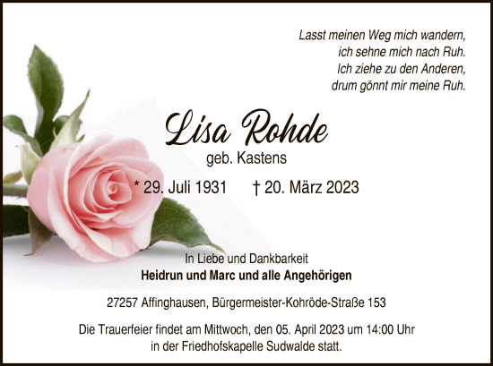 Todesanzeige von Lisa Rohde von SYK