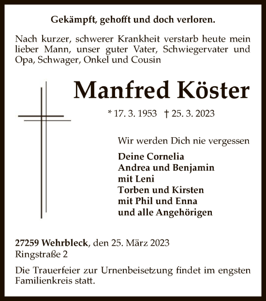 Todesanzeige von Manfred Köster von SYK