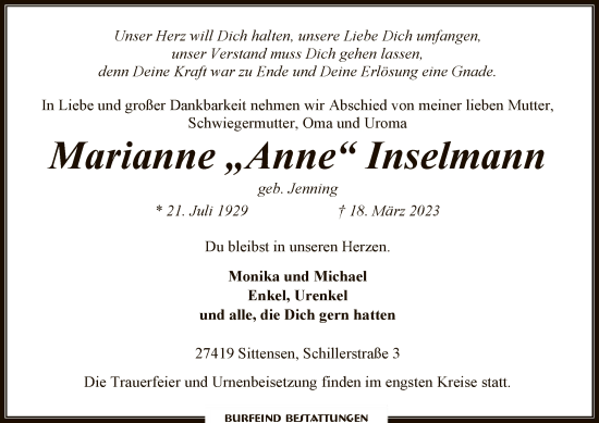 Todesanzeige von Marianne  Inselmann von SYK