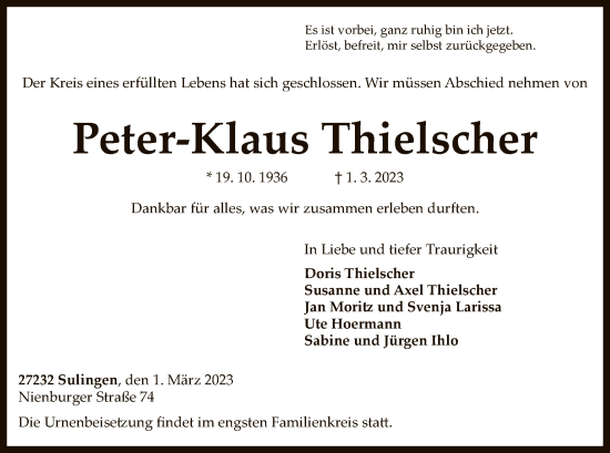 Todesanzeige von Peter-Klaus Thielscher von SYK