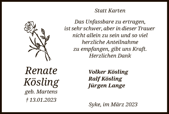 Todesanzeige von Renate Kösling von SYK