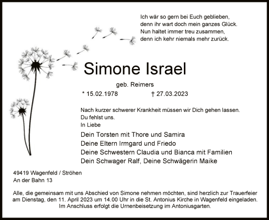 Todesanzeige von Simone Israel von SYK