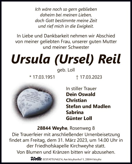 Todesanzeige von Ursula Reil von SYK