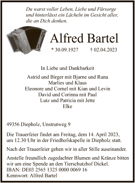 Todesanzeige von Alfred Bartel von SYK