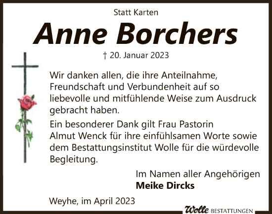 Todesanzeige von Anne Borchers von SYK