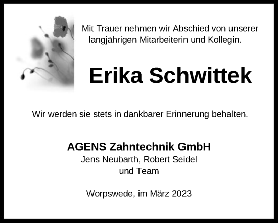 Todesanzeige von Erika Schwittek von SYK