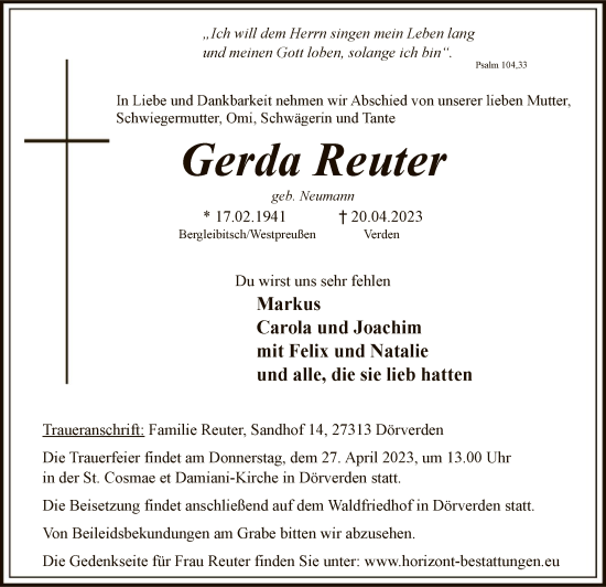 Todesanzeige von Gerda Reuter von SYK