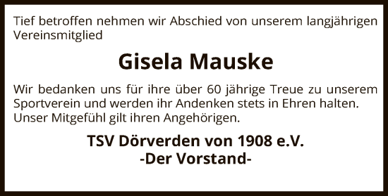 Todesanzeige von Gisela Mauske von SYK