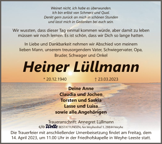 Todesanzeige von Heiner Lüllmann von SYK