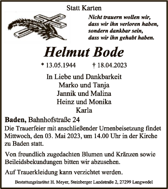 Todesanzeige von Helmut Bode von SYK