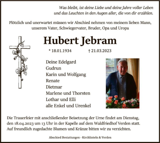 Todesanzeige von Hubert Jebram von SYK