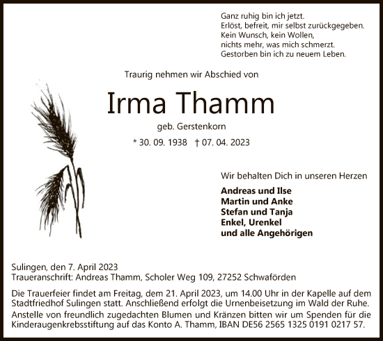 Todesanzeige von Irma Thamm von SYK