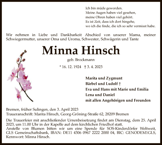 Todesanzeige von Minna Hinsch von SYK