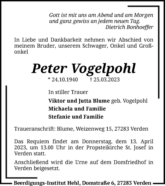 Todesanzeige von Peter Vogelpohl von SYK