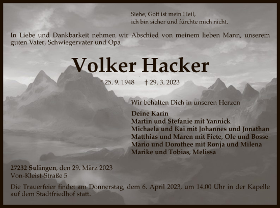 Todesanzeige von Volker Hacker von SYK