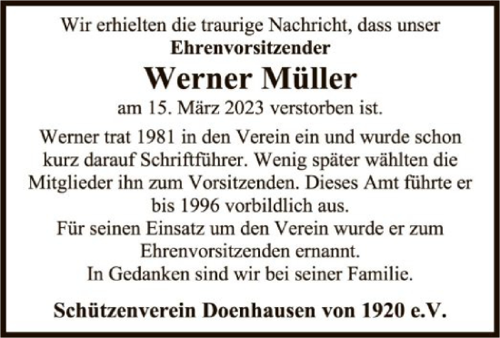 Todesanzeige von Werner Müller von SYK