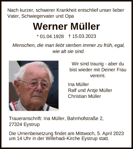 Todesanzeige von Werner Müller von SYK