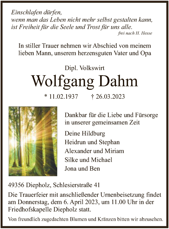 Todesanzeige von Wolfgang Dahm von SYK