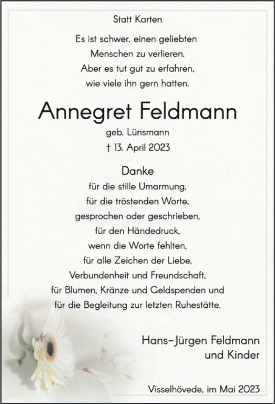 Todesanzeige von Annegret Feldmann von SYK