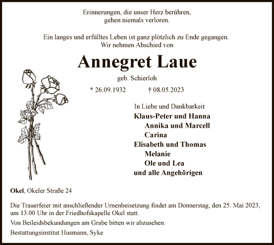 Todesanzeige von Annegret Laue von SYK