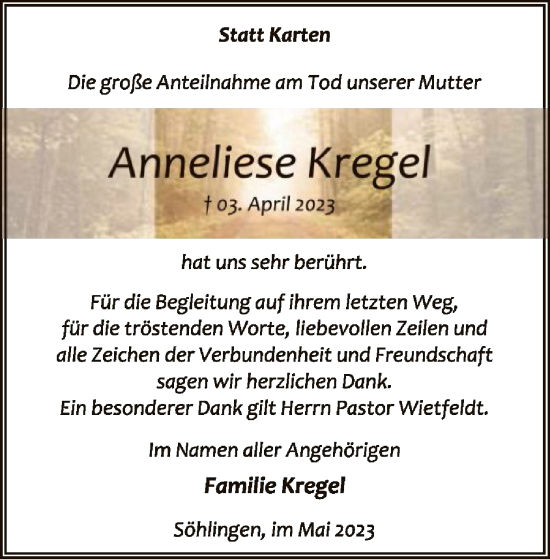 Todesanzeige von Anneliese Kregel von SYK
