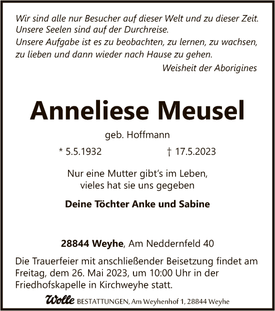 Todesanzeige von Anneliese Meusel von SYK