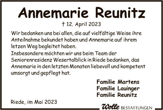 Todesanzeige von Annemarie Reunitz von SYK