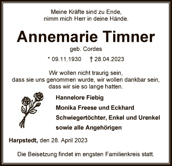 Todesanzeige von Annemarie Timner von SYK