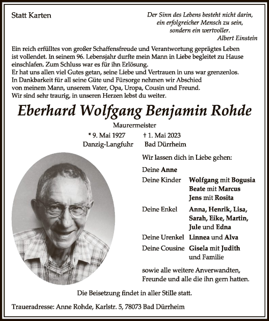 Todesanzeige von Eberhard Wolfgang Benjamin Rohde von SYK