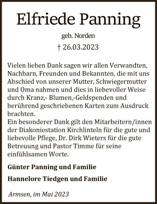 Todesanzeige von Elfriede Panning von SYK