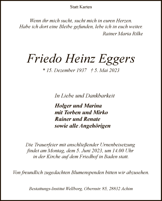 Todesanzeige von Friedo Heinz Eggers von SYK
